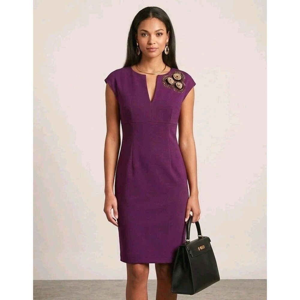 TRINA TURK Plum Purple Beaded Rosette  Dress 12 NotchNeck Old Money Quiet Luxury